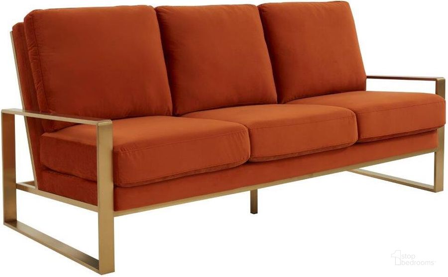 The appearance of Leisuremod Jefferson Contemporary Modern Design Velvet Sofa With Gold Frame In Orange designed by LeisureMod in the modern / contemporary interior design. This orange piece of furniture  was selected by 1StopBedrooms from Jefferson Collection to add a touch of cosiness and style into your home. Sku: JAG77OR. Product Type: Sofa. Material: Stainless Steel. Image1