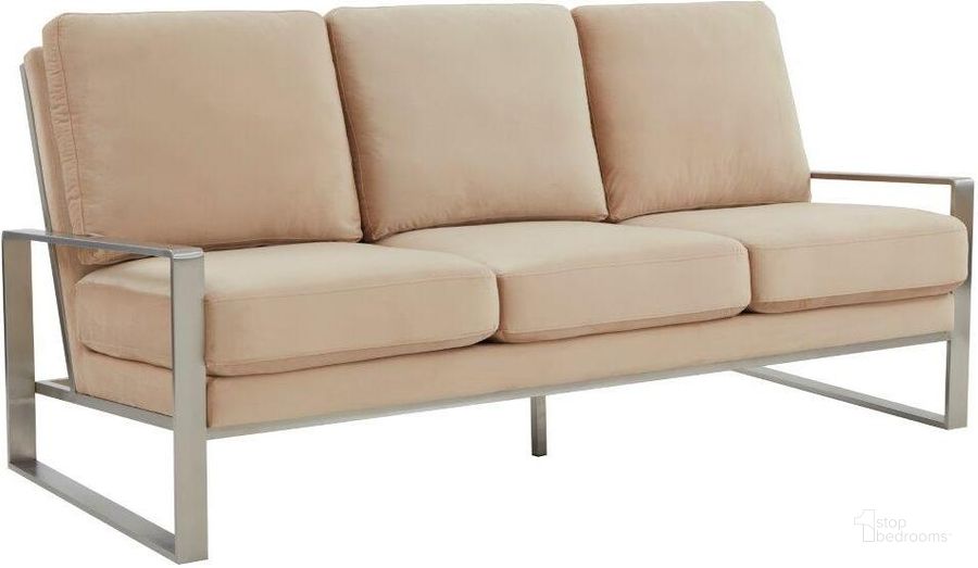 The appearance of Leisuremod Jefferson Contemporary Modern Design Velvet Sofa With Silver Frame In Beige designed by LeisureMod in the modern / contemporary interior design. This beige piece of furniture  was selected by 1StopBedrooms from Jefferson Collection to add a touch of cosiness and style into your home. Sku: JAS77BG. Product Type: Sofa. Material: Stainless Steel. Image1