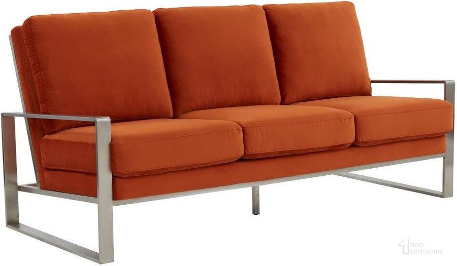 The appearance of Leisuremod Jefferson Contemporary Modern Design Velvet Sofa With Silver Frame In Orange designed by LeisureMod in the modern / contemporary interior design. This orange piece of furniture  was selected by 1StopBedrooms from Jefferson Collection to add a touch of cosiness and style into your home. Sku: JAS77OR. Product Type: Sofa. Material: Stainless Steel. Image1