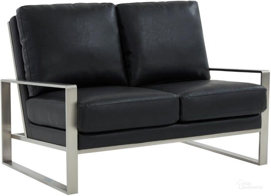 The appearance of Leisuremod Jefferson Contemporary Modern Faux Leather Loveseat With Silver Frame In Black designed by LeisureMod in the modern / contemporary interior design. This black piece of furniture  was selected by 1StopBedrooms from Jefferson Collection to add a touch of cosiness and style into your home. Sku: JAS53BL-L. Material: Faux Leather. Product Type: Loveseat. Image1