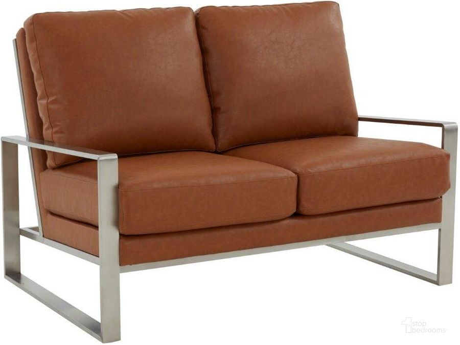 The appearance of Leisuremod Jefferson Contemporary Modern Faux Leather Loveseat With Silver Frame In Cognac Tan designed by LeisureMod in the modern / contemporary interior design. This tan piece of furniture  was selected by 1StopBedrooms from Jefferson Collection to add a touch of cosiness and style into your home. Sku: JAS53BR-L. Material: Faux Leather. Product Type: Loveseat. Image1