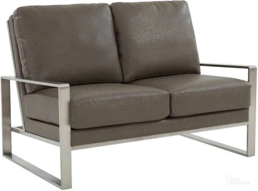 The appearance of Leisuremod Jefferson Contemporary Modern Faux Leather Loveseat With Silver Frame In Grey designed by LeisureMod in the modern / contemporary interior design. This grey piece of furniture  was selected by 1StopBedrooms from Jefferson Collection to add a touch of cosiness and style into your home. Sku: JAS53GR-L. Material: Faux Leather. Product Type: Loveseat. Image1