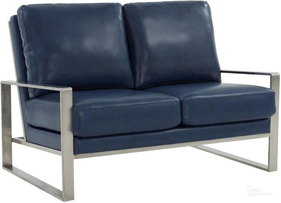 The appearance of Leisuremod Jefferson Contemporary Modern Faux Leather Loveseat With Silver Frame In Navy Blue designed by LeisureMod in the modern / contemporary interior design. This navy blue piece of furniture  was selected by 1StopBedrooms from Jefferson Collection to add a touch of cosiness and style into your home. Sku: JAS53NBU-L. Material: Faux Leather. Product Type: Loveseat. Image1