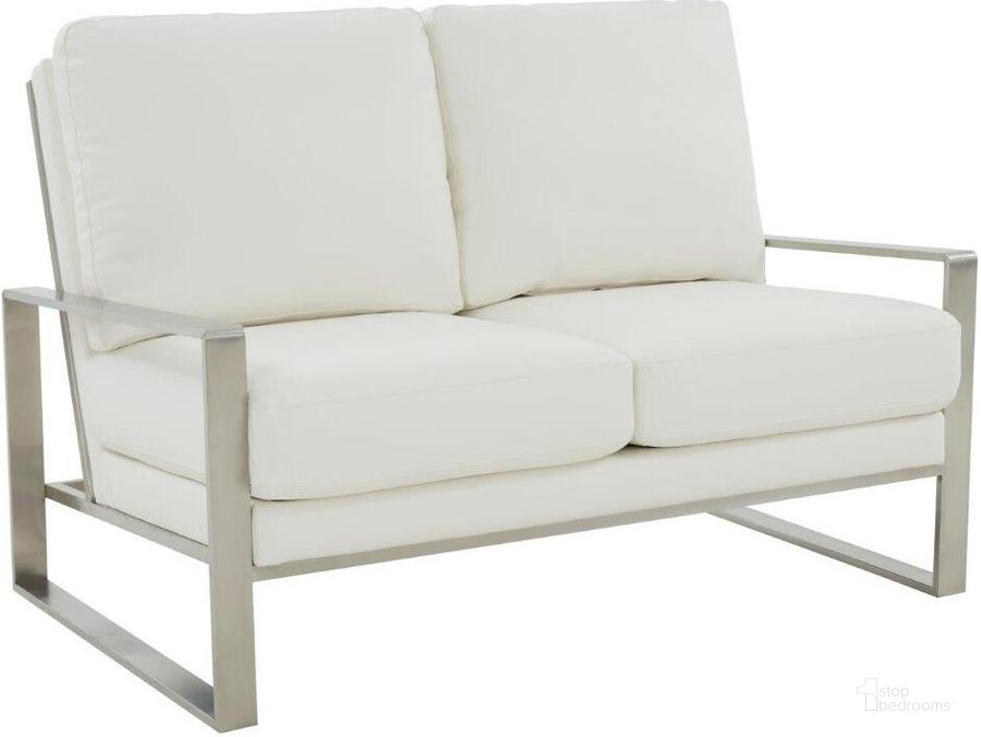 The appearance of Leisuremod Jefferson Contemporary Modern Faux Leather Loveseat With Silver Frame In White designed by LeisureMod in the modern / contemporary interior design. This white piece of furniture  was selected by 1StopBedrooms from Jefferson Collection to add a touch of cosiness and style into your home. Sku: JAS53W-L. Material: Faux Leather. Product Type: Loveseat. Image1