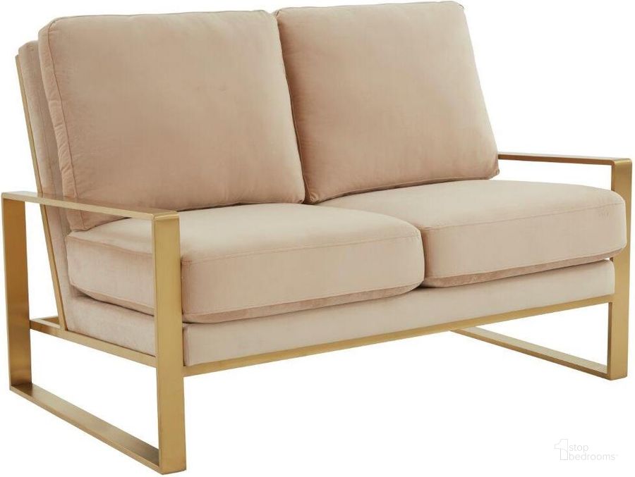 The appearance of Leisuremod Jefferson Contemporary Modern Velvet Loveseat With Gold Frame In Beige designed by LeisureMod in the modern / contemporary interior design. This beige piece of furniture  was selected by 1StopBedrooms from Jefferson Collection to add a touch of cosiness and style into your home. Sku: JAG53BG. Product Type: Loveseat. Material: Stainless Steel. Image1