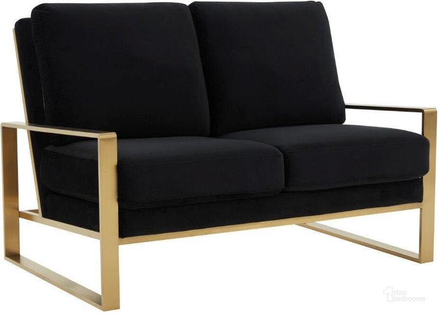 The appearance of Leisuremod Jefferson Contemporary Modern Velvet Loveseat With Gold Frame In Black designed by LeisureMod in the modern / contemporary interior design. This black piece of furniture  was selected by 1StopBedrooms from Jefferson Collection to add a touch of cosiness and style into your home. Sku: JAG53BL. Product Type: Loveseat. Material: Stainless Steel. Image1