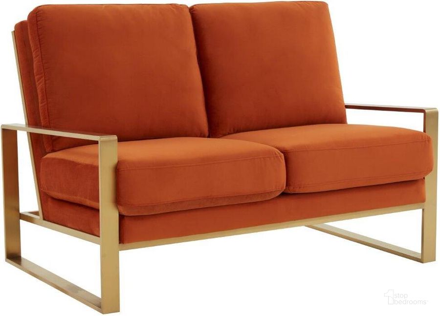 The appearance of Leisuremod Jefferson Contemporary Modern Velvet Loveseat With Gold Frame In Orange designed by LeisureMod in the modern / contemporary interior design. This orange piece of furniture  was selected by 1StopBedrooms from Jefferson Collection to add a touch of cosiness and style into your home. Sku: JAG53OR. Product Type: Loveseat. Material: Stainless Steel. Image1