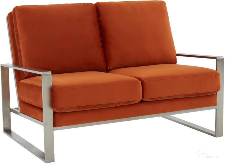 The appearance of Leisuremod Jefferson Contemporary Modern Velvet Loveseat With Silver Frame In Orange designed by LeisureMod in the modern / contemporary interior design. This orange piece of furniture  was selected by 1StopBedrooms from Jefferson Collection to add a touch of cosiness and style into your home. Sku: JAS53OR. Product Type: Loveseat. Material: Stainless Steel. Image1