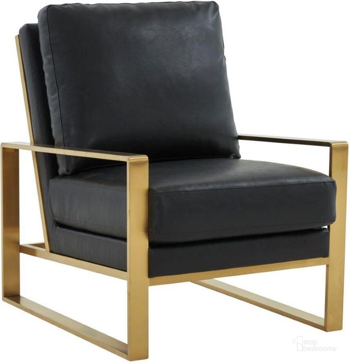 The appearance of Leisuremod Jefferson Leather Modern Design Accent Armchair With Elegant Gold Frame In Black designed by LeisureMod in the modern / contemporary interior design. This black piece of furniture  was selected by 1StopBedrooms from Jefferson Collection to add a touch of cosiness and style into your home. Sku: JAG29BL-L. Material: Faux Leather. Product Type: Accent Chair. Image1