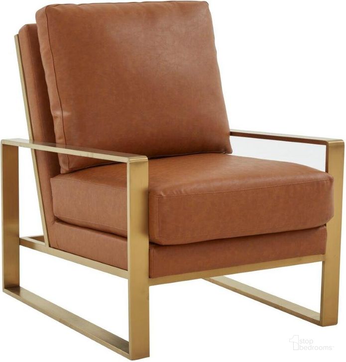 The appearance of Leisuremod Jefferson Leather Modern Design Accent Armchair With Elegant Gold Frame In Cognac Tan designed by LeisureMod in the modern / contemporary interior design. This tan piece of furniture  was selected by 1StopBedrooms from Jefferson Collection to add a touch of cosiness and style into your home. Sku: JAG29BR-L. Material: Faux Leather. Product Type: Accent Chair. Image1