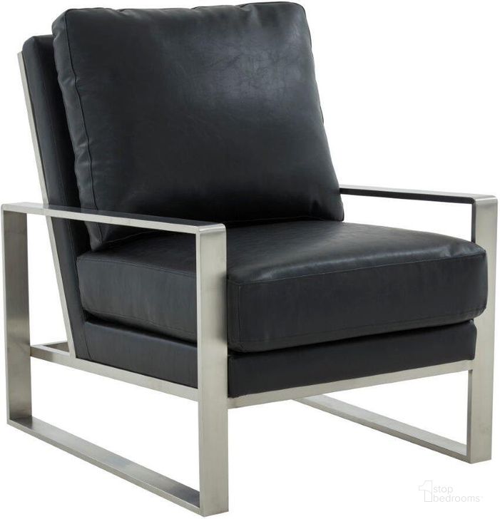 The appearance of Leisuremod Jefferson Leather Modern Design Accent Armchair With Elegant Silver Frame In Black designed by LeisureMod in the modern / contemporary interior design. This black piece of furniture  was selected by 1StopBedrooms from Jefferson Collection to add a touch of cosiness and style into your home. Sku: JAS29BL-L. Material: Faux Leather. Product Type: Accent Chair. Image1