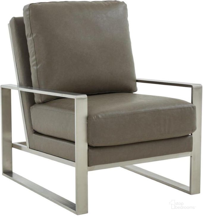 The appearance of Leisuremod Jefferson Leather Modern Design Accent Armchair With Elegant Silver Frame In Grey designed by LeisureMod in the modern / contemporary interior design. This grey piece of furniture  was selected by 1StopBedrooms from Jefferson Collection to add a touch of cosiness and style into your home. Sku: JAS29GR-L. Material: Faux Leather. Product Type: Accent Chair. Image1