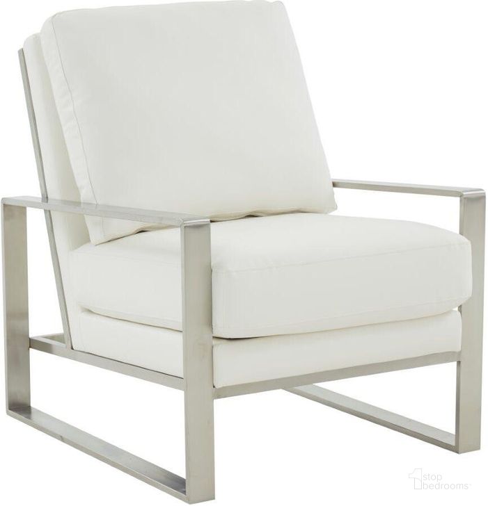 The appearance of Leisuremod Jefferson Leather Modern Design Accent Armchair With Elegant Silver Frame In White designed by LeisureMod in the modern / contemporary interior design. This white piece of furniture  was selected by 1StopBedrooms from Jefferson Collection to add a touch of cosiness and style into your home. Sku: JAS29W-L. Material: Faux Leather. Product Type: Accent Chair. Image1