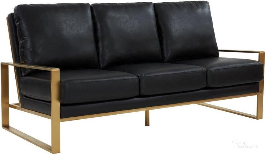 The appearance of Leisuremod Jefferson Modern Design Leather Sofa With Gold Frame In Black designed by LeisureMod in the modern / contemporary interior design. This black piece of furniture  was selected by 1StopBedrooms from Jefferson Collection to add a touch of cosiness and style into your home. Sku: JAG77BL-L. Material: Faux Leather. Product Type: Leather Sofa. Image1