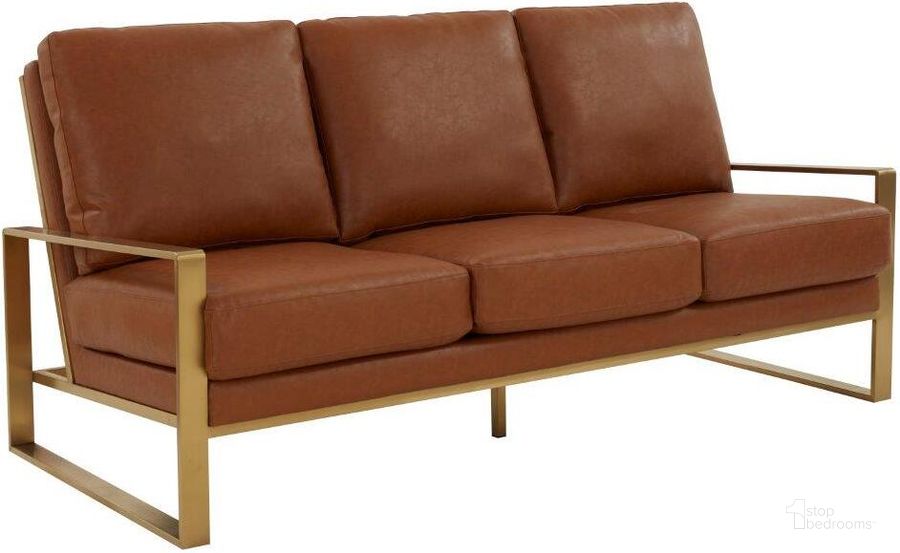 The appearance of Leisuremod Jefferson Modern Design Leather Sofa With Gold Frame In Cognac Tan designed by LeisureMod in the modern / contemporary interior design. This tan piece of furniture  was selected by 1StopBedrooms from Jefferson Collection to add a touch of cosiness and style into your home. Sku: JAG77BR-L. Material: Faux Leather. Product Type: Leather Sofa. Image1