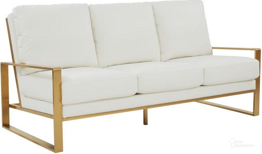 The appearance of Leisuremod Jefferson Modern Design Leather Sofa With Gold Frame In White designed by LeisureMod in the modern / contemporary interior design. This white piece of furniture  was selected by 1StopBedrooms from Jefferson Collection to add a touch of cosiness and style into your home. Sku: JAG77W-L. Material: Faux Leather. Product Type: Leather Sofa. Image1