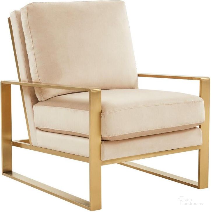 The appearance of Leisuremod Jefferson Velvet Design Accent Arm Chair With Gold Frame JA29BG designed by LeisureMod in the modern / contemporary interior design. This beige piece of furniture  was selected by 1StopBedrooms from Jefferson Collection to add a touch of cosiness and style into your home. Sku: JA29BG. Product Type: Accent Chair. Material: Velvet. Image1