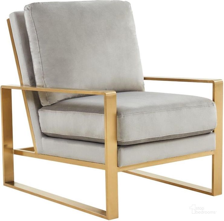The appearance of Leisuremod Jefferson Velvet Design Accent Arm Chair With Gold Frame JA29LGR designed by LeisureMod in the modern / contemporary interior design. This light grey piece of furniture  was selected by 1StopBedrooms from Jefferson Collection to add a touch of cosiness and style into your home. Sku: JA29LGR. Product Type: Accent Chair. Material: Velvet. Image1