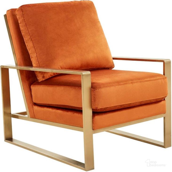 The appearance of Leisuremod Jefferson Velvet Design Accent Arm Chair With Gold Frame JA29OR designed by LeisureMod in the modern / contemporary interior design. This orange piece of furniture  was selected by 1StopBedrooms from Jefferson Collection to add a touch of cosiness and style into your home. Sku: JA29OR. Product Type: Accent Chair. Material: Velvet. Image1