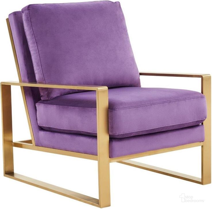 The appearance of Leisuremod Jefferson Velvet Design Accent Arm Chair With Gold Frame JA29PR designed by LeisureMod in the modern / contemporary interior design. This purple piece of furniture  was selected by 1StopBedrooms from Jefferson Collection to add a touch of cosiness and style into your home. Sku: JA29PR. Product Type: Accent Chair. Material: Velvet. Image1