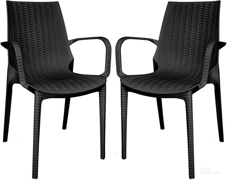 The appearance of LeisureMod Kent Outdoor Dining Arm Chair Set of 2 KCA21BL2 designed by LeisureMod in the modern / contemporary interior design. This black piece of furniture  was selected by 1StopBedrooms from Kent Collection to add a touch of cosiness and style into your home. Sku: KCA21BL2. Product Type: Dining Chair. Material: Plastic. Image1