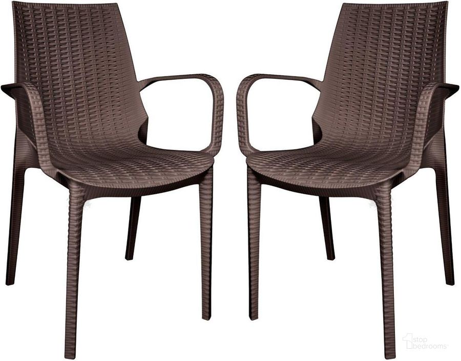 The appearance of LeisureMod Kent Outdoor Dining Arm Chair Set of 2 KCA21BR2 designed by LeisureMod in the modern / contemporary interior design. This brown piece of furniture  was selected by 1StopBedrooms from Kent Collection to add a touch of cosiness and style into your home. Sku: KCA21BR2. Product Type: Dining Chair. Material: Plastic. Image1