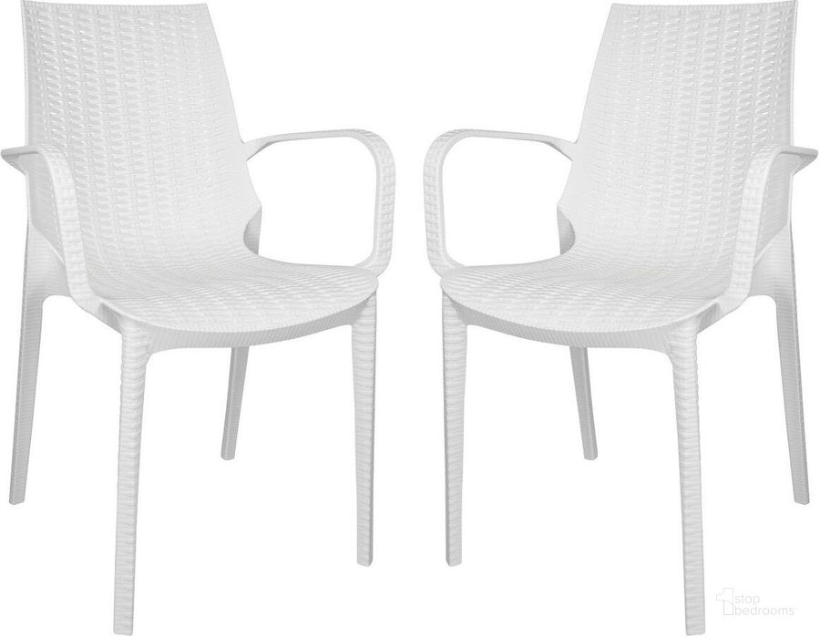 The appearance of LeisureMod Kent Outdoor Dining Arm Chair Set of 2 designed by LeisureMod in the modern / contemporary interior design. This white piece of furniture  was selected by 1StopBedrooms from Kent Collection to add a touch of cosiness and style into your home. Sku: KCA21W2. Product Type: Dining Chair. Material: Plastic. Image1