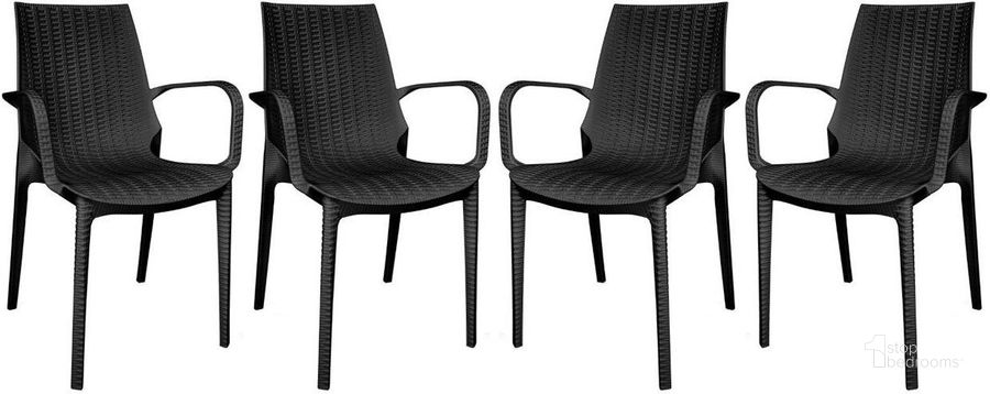 The appearance of LeisureMod Kent Outdoor Dining Arm Chair set of 4 KCA21BL4 designed by LeisureMod in the modern / contemporary interior design. This black piece of furniture  was selected by 1StopBedrooms from Kent Collection to add a touch of cosiness and style into your home. Sku: KCA21BL4. Product Type: Dining Chair. Material: Plastic. Image1