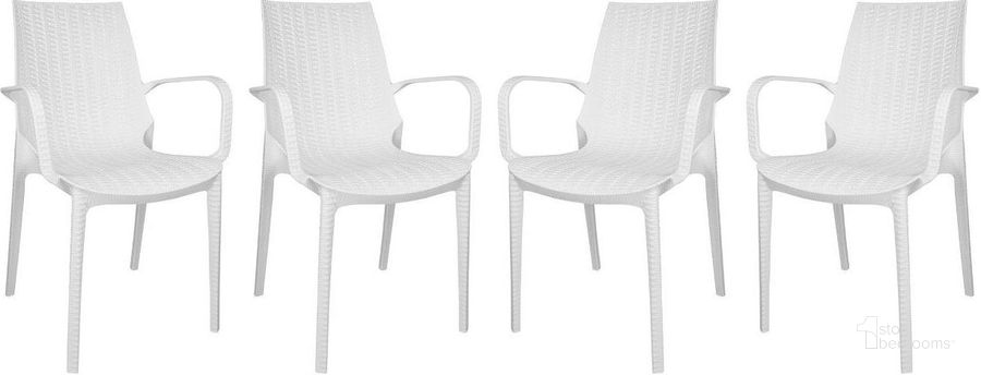 The appearance of LeisureMod Kent Outdoor Dining Arm Chair set of 4 designed by LeisureMod in the modern / contemporary interior design. This white piece of furniture  was selected by 1StopBedrooms from Kent Collection to add a touch of cosiness and style into your home. Sku: KCA21W4. Product Type: Dining Chair. Material: Plastic. Image1