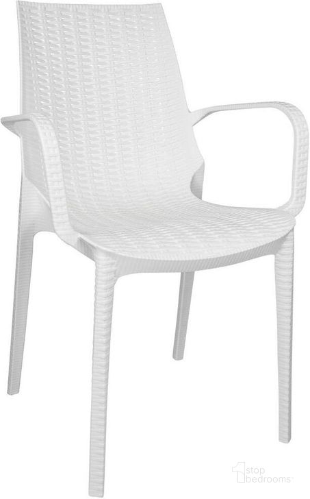 The appearance of LeisureMod Kent Outdoor Dining Arm Chair designed by LeisureMod in the modern / contemporary interior design. This white piece of furniture  was selected by 1StopBedrooms from Kent Collection to add a touch of cosiness and style into your home. Sku: KCA21W. Product Type: Dining Chair. Material: Plastic. Image1