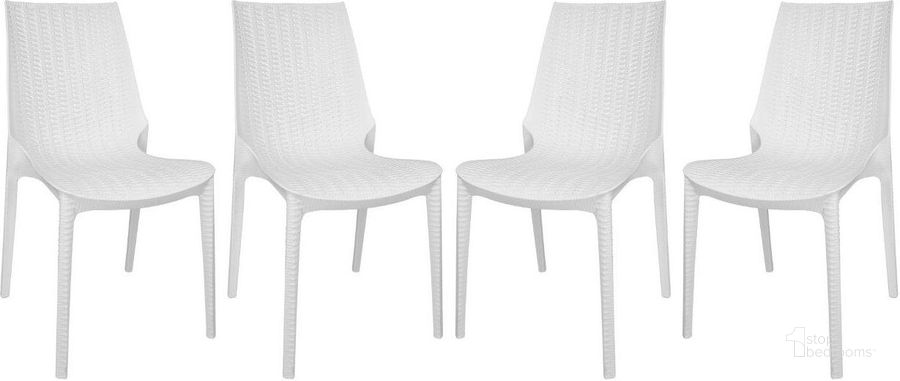 The appearance of LeisureMod Kent Outdoor White Dining Chair Set of 4 designed by LeisureMod in the modern / contemporary interior design. This white piece of furniture  was selected by 1StopBedrooms from Kent Collection to add a touch of cosiness and style into your home. Sku: KC19W4. Product Type: Dining Chair. Material: Plastic. Image1