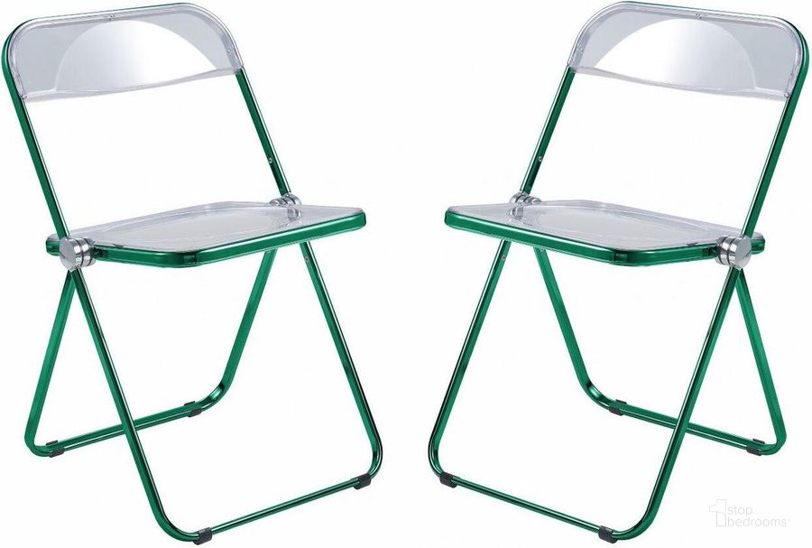 The appearance of Leisuremod Lawrence Acrylic Folding Chair With Green Metal Frame Set Of 2 designed by LeisureMod in the modern / contemporary interior design. This green piece of furniture  was selected by 1StopBedrooms from Lawrence Collection to add a touch of cosiness and style into your home. Sku: LFCL19G2. Product Type: Living Room Chair. Material: Acrylic. Image1