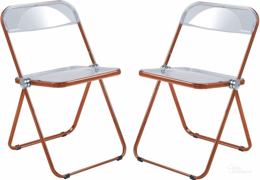 The appearance of Leisuremod Lawrence Acrylic Folding Chair With Orange Metal Frame Set Of 2 designed by LeisureMod in the modern / contemporary interior design. This orange piece of furniture  was selected by 1StopBedrooms from Lawrence Collection to add a touch of cosiness and style into your home. Sku: LFCL19OR2. Product Type: Living Room Chair. Material: Acrylic. Image1