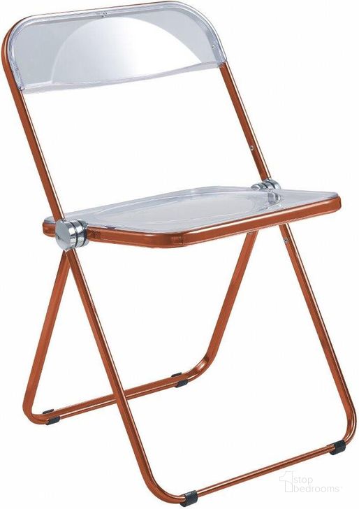 The appearance of Leisuremod Lawrence Acrylic Folding Chair With Orange Metal Frame designed by LeisureMod in the modern / contemporary interior design. This orange piece of furniture  was selected by 1StopBedrooms from Lawrence Collection to add a touch of cosiness and style into your home. Sku: LFCL19OR. Product Type: Living Room Chair. Material: Acrylic. Image1