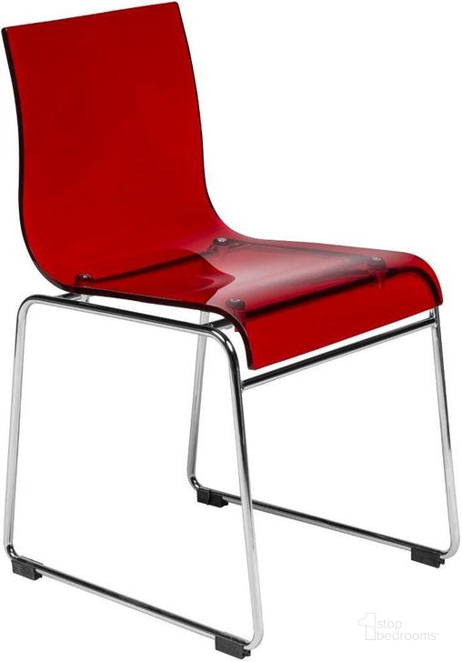 The appearance of LeisureMod Lima Red Acrylic Chair designed by LeisureMod in the modern / contemporary interior design. This transparent red piece of furniture  was selected by 1StopBedrooms from Lima Collection to add a touch of cosiness and style into your home. Sku: LC19TR. Product Type: Side Chair. Material: Acrylic. Image1