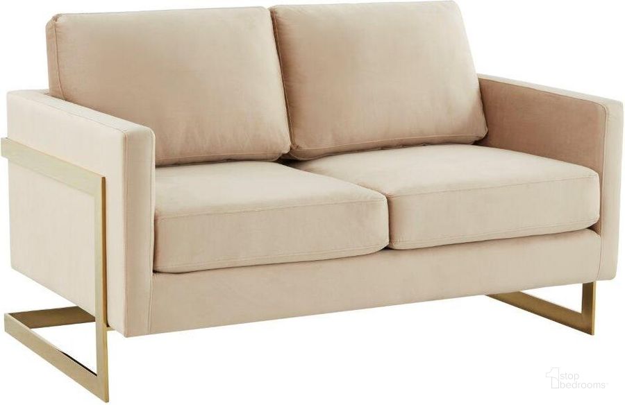 The appearance of LeisureMod Lincoln Beige Modern Mid-Century Upholstered Velvet Loveseat with Gold Frame designed by LeisureMod in the modern / contemporary interior design. This beige piece of furniture  was selected by 1StopBedrooms from Lincoln Collection to add a touch of cosiness and style into your home. Sku: LA55BG. Product Type: Loveseat. Material: Velvet. Image1