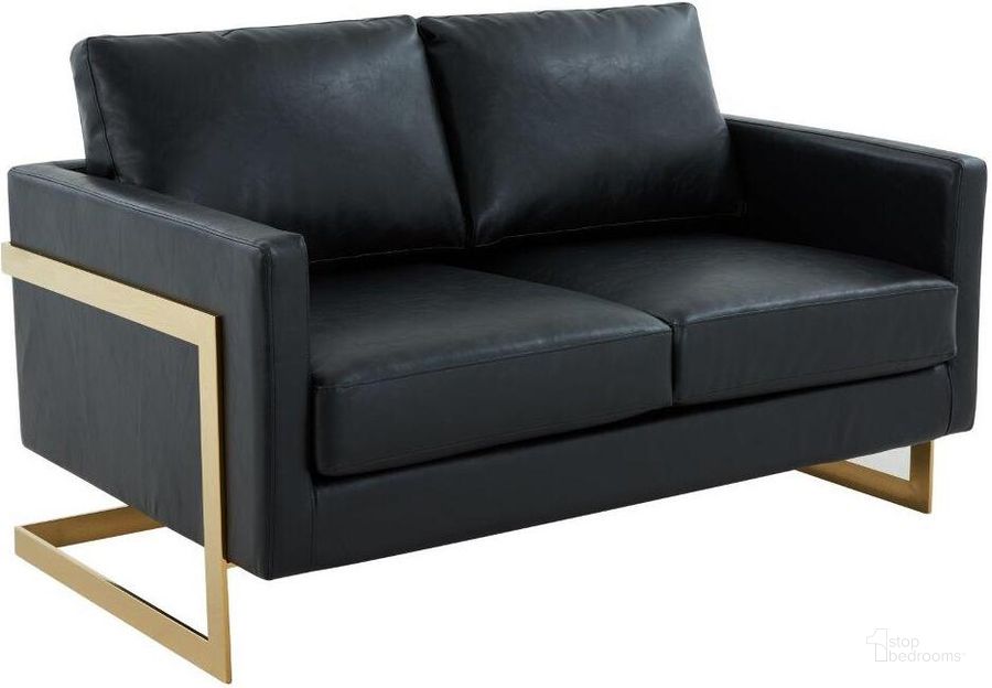 The appearance of LeisureMod Lincoln Black Modern Mid-Century Upholstered Leather Loveseat with Gold Frame designed by LeisureMod in the modern / contemporary interior design. This black piece of furniture  was selected by 1StopBedrooms from Lincoln Collection to add a touch of cosiness and style into your home. Sku: LA55BL-L. Product Type: Loveseat. Material: PU. Image1