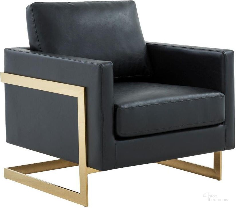 The appearance of LeisureMod Lincoln Black Modern Upholstered Leather Accent Arm Chair with Gold Frame designed by LeisureMod in the modern / contemporary interior design. This black piece of furniture  was selected by 1StopBedrooms from Lincoln Collection to add a touch of cosiness and style into your home. Sku: LA31BL-L. Product Type: Accent Chair. Material: PU. Image1