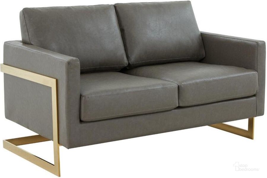 The appearance of LeisureMod Lincoln Grey Modern Mid-Century Upholstered Leather Loveseat with Gold Frame designed by LeisureMod in the modern / contemporary interior design. This grey piece of furniture  was selected by 1StopBedrooms from Lincoln Collection to add a touch of cosiness and style into your home. Sku: LA55GR-L. Product Type: Loveseat. Material: PU. Image1