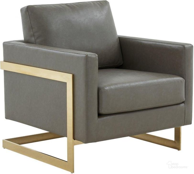 The appearance of LeisureMod Lincoln Grey Modern Upholstered Leather Accent Arm Chair with Gold Frame designed by LeisureMod in the modern / contemporary interior design. This grey piece of furniture  was selected by 1StopBedrooms from Lincoln Collection to add a touch of cosiness and style into your home. Sku: LA31GR-L. Product Type: Accent Chair. Material: PU. Image1