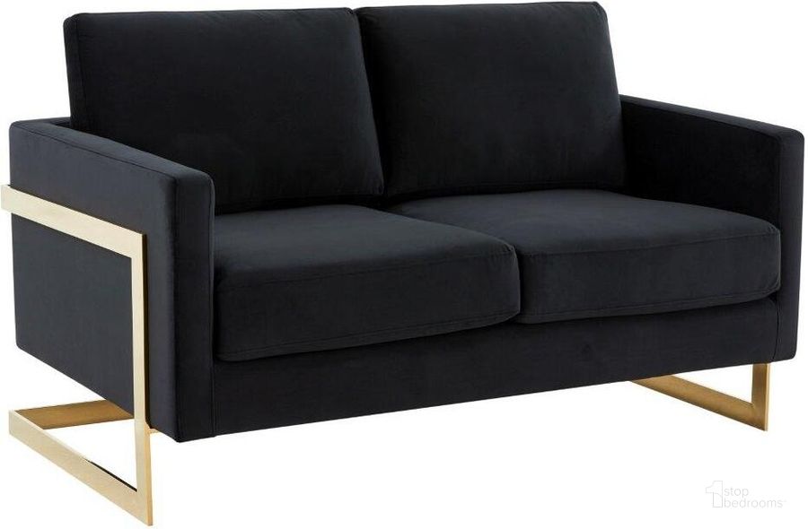 The appearance of LeisureMod Lincoln Midnight Black Modern Mid-Century Upholstered Velvet Loveseat with Gold Frame designed by LeisureMod in the modern / contemporary interior design. This midnight black piece of furniture  was selected by 1StopBedrooms from Lincoln Collection to add a touch of cosiness and style into your home. Sku: LA55BL. Product Type: Loveseat. Material: Velvet. Image1