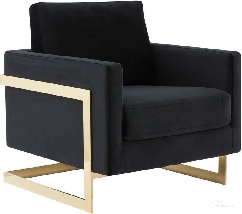 The appearance of LeisureMod Lincoln Midnight Black Modern Upholstered Velvet Accent Arm Chair with Gold Frame designed by LeisureMod in the modern / contemporary interior design. This midnight black piece of furniture  was selected by 1StopBedrooms from Lincoln Collection to add a touch of cosiness and style into your home. Sku: LA31BL. Product Type: Accent Chair. Material: Velvet. Image1