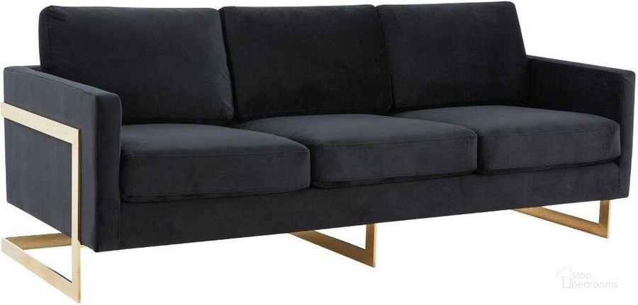 The appearance of LeisureMod Lincoln Modern Mid-Century Upholstered Black Velvet Sofa with Gold Frame designed by LeisureMod in the modern / contemporary interior design. This midnight black piece of furniture  was selected by 1StopBedrooms from Lincoln Collection to add a touch of cosiness and style into your home. Sku: LA83BL. Product Type: Sofa. Material: Velvet. Image1