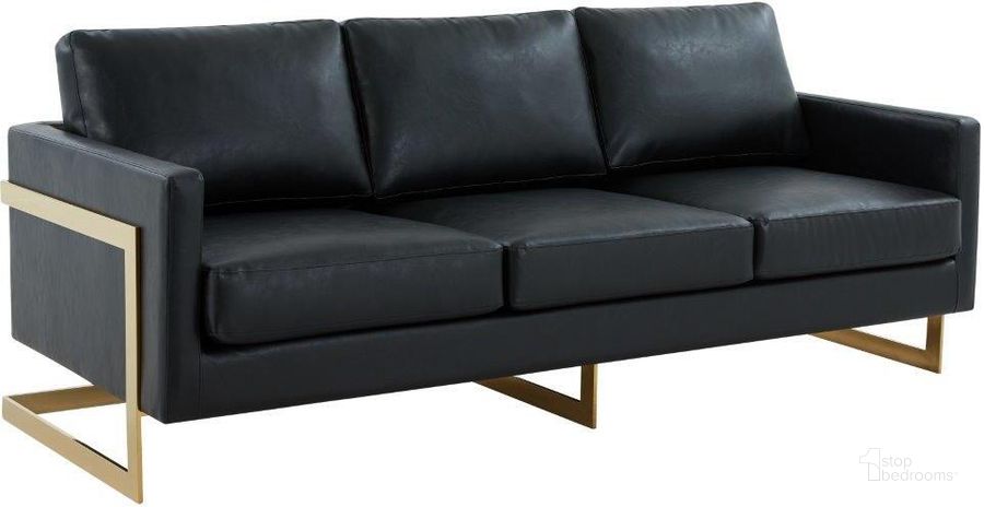The appearance of LeisureMod Lincoln Modern Mid-Century Upholstered Leather Black Sofa with Gold Frame designed by LeisureMod in the modern / contemporary interior design. This black piece of furniture  was selected by 1StopBedrooms from Lincoln Collection to add a touch of cosiness and style into your home. Sku: LA83BL-L. Product Type: Sofa. Material: Plywood. Image1