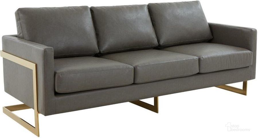 The appearance of LeisureMod Lincoln Modern Mid-Century Upholstered Leather Grey Sofa with Gold Frame designed by LeisureMod in the modern / contemporary interior design. This grey piece of furniture  was selected by 1StopBedrooms from Lincoln Collection to add a touch of cosiness and style into your home. Sku: LA83GR-L. Product Type: Sofa. Material: Plywood. Image1