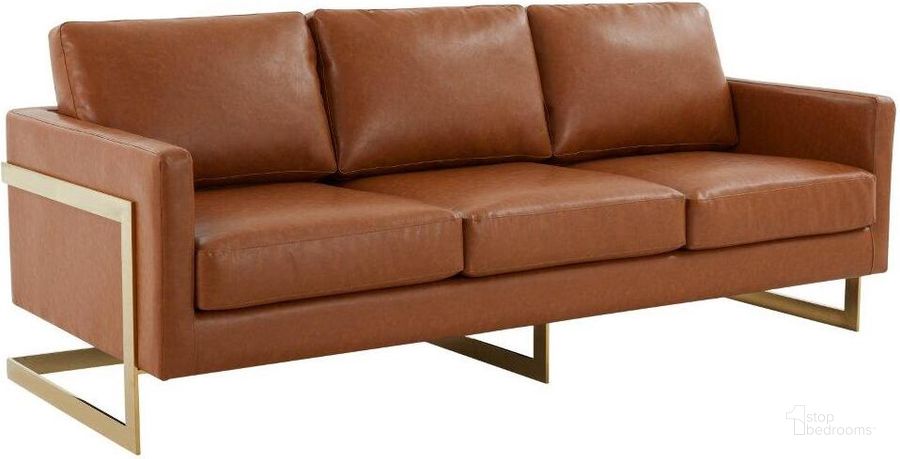 The appearance of LeisureMod Lincoln Modern Mid-Century Upholstered Leather Tan Sofa with Gold Frame designed by LeisureMod in the modern / contemporary interior design. This tan piece of furniture  was selected by 1StopBedrooms from Lincoln Collection to add a touch of cosiness and style into your home. Sku: LA83BR-L. Product Type: Sofa. Material: Plywood. Image1