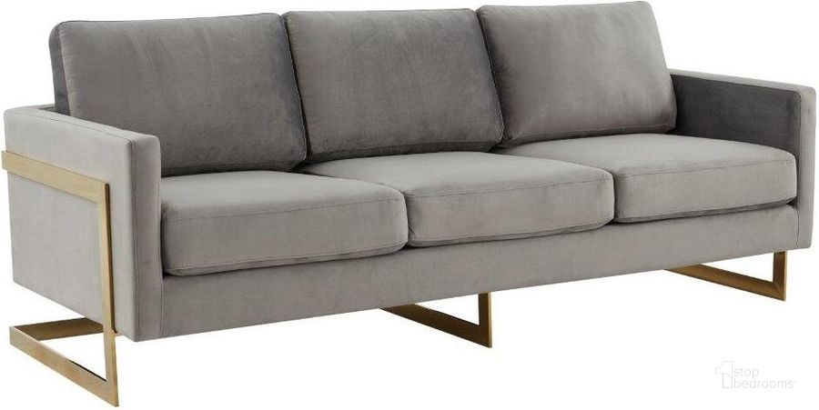 The appearance of LeisureMod Lincoln Modern Mid-Century Upholstered Light Grey Velvet Sofa with Gold Frame designed by LeisureMod in the modern / contemporary interior design. This light grey piece of furniture  was selected by 1StopBedrooms from Lincoln Collection to add a touch of cosiness and style into your home. Sku: LA83LGR. Product Type: Sofa. Material: Velvet. Image1