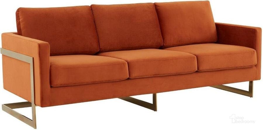The appearance of LeisureMod Lincoln Modern Mid-Century Upholstered Orange Velvet Sofa with Gold Frame designed by LeisureMod in the modern / contemporary interior design. This orange piece of furniture  was selected by 1StopBedrooms from Lincoln Collection to add a touch of cosiness and style into your home. Sku: LA83OR. Product Type: Sofa. Material: Velvet. Image1
