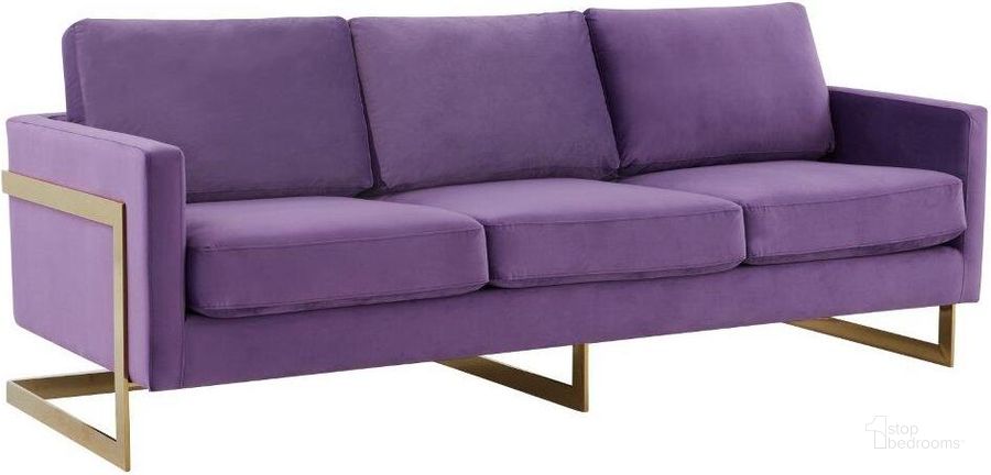 The appearance of LeisureMod Lincoln Modern Mid-Century Upholstered Purple Velvet Sofa with Gold Frame designed by LeisureMod in the modern / contemporary interior design. This purple piece of furniture  was selected by 1StopBedrooms from Lincoln Collection to add a touch of cosiness and style into your home. Sku: LA83PU. Product Type: Sofa. Material: Velvet. Image1
