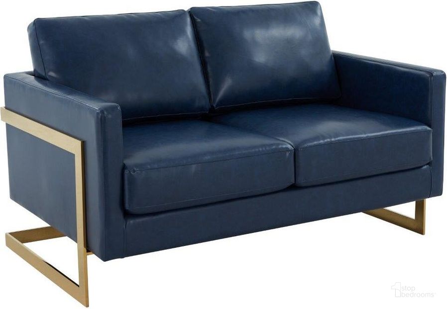 The appearance of LeisureMod Lincoln Navy Blue Modern Mid-Century Upholstered Leather Loveseat with Gold Frame designed by LeisureMod in the modern / contemporary interior design. This navy blue piece of furniture  was selected by 1StopBedrooms from Lincoln Collection to add a touch of cosiness and style into your home. Sku: LA55BU-L. Product Type: Loveseat. Material: PU. Image1